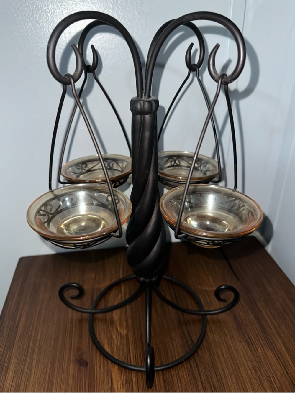 Black Iron Style Hanging Glass Bowl Candle Holder - 4 Bowl Decor Stand